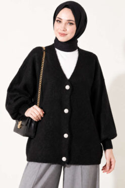 V-Neck Bearded Button-up Cardigan Black