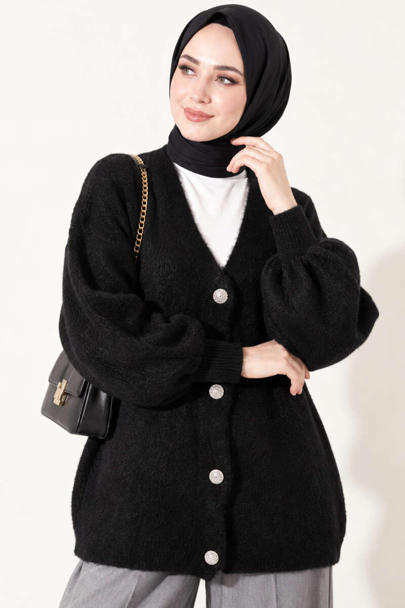 V-Neck Bearded Button-up Cardigan Black - الصورة 2