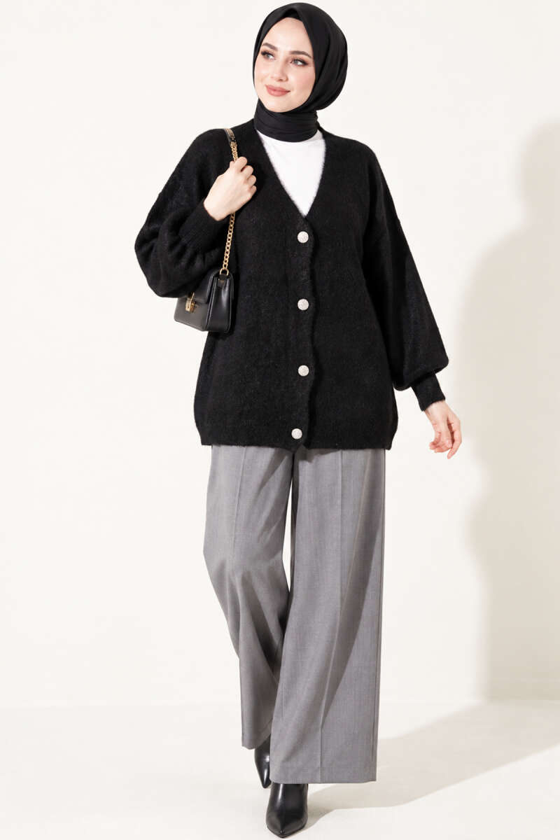 V-Neck Bearded Button-up Cardigan Black - الصورة 3