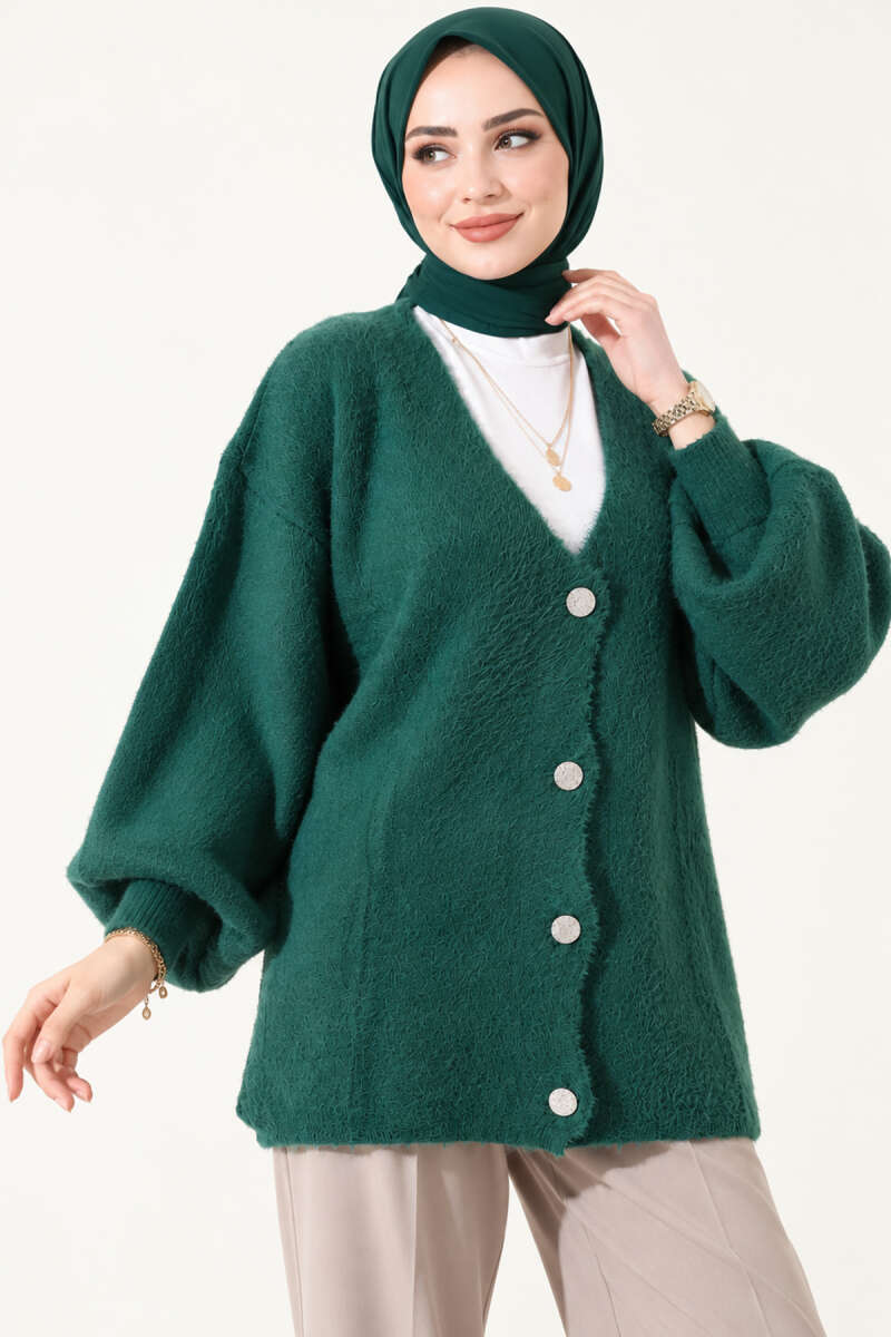 V-Neck Bearded Button-up Cardigan Green
