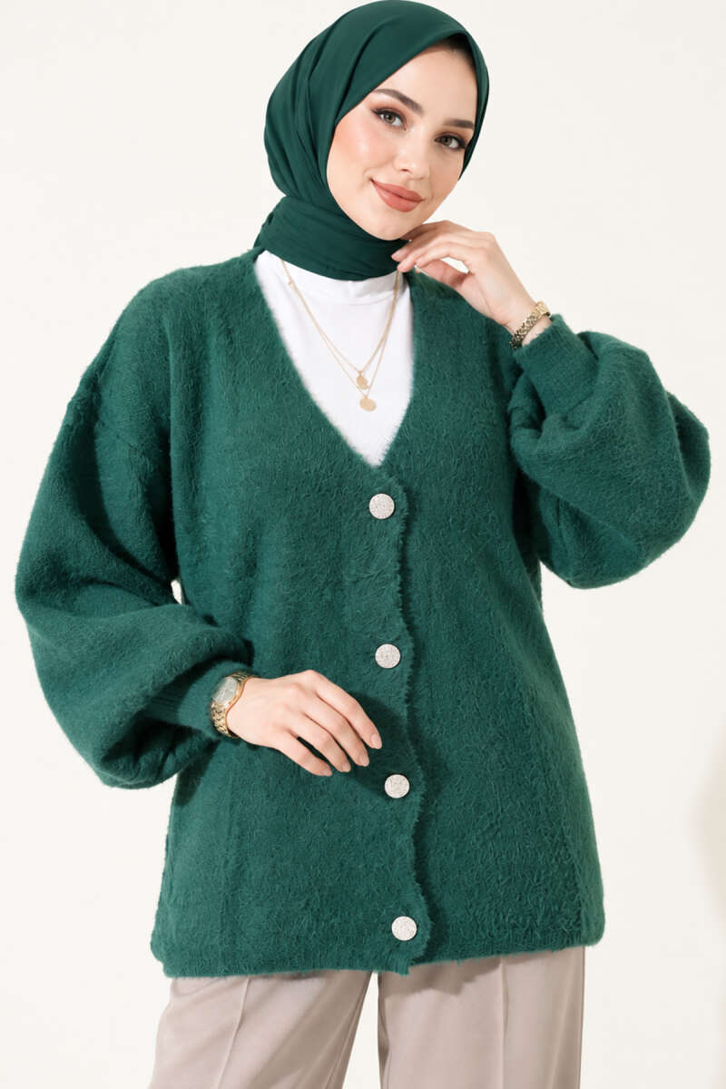 V-Neck Bearded Button-up Cardigan Green - الصورة 2