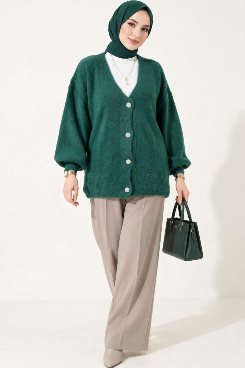 V-Neck Bearded Button-up Cardigan Green - الصورة 3