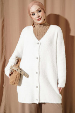 V-Neck Bearded Button-Up Long Cardigan White