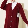 V-Neck Bearded Button-Up Long Cardigan Burgundy