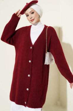 V-Neck Bearded Button-Up Long Cardigan Burgundy