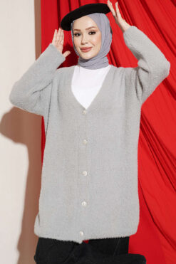 V-Neck Bearded Button-Up Long Cardigan Grey