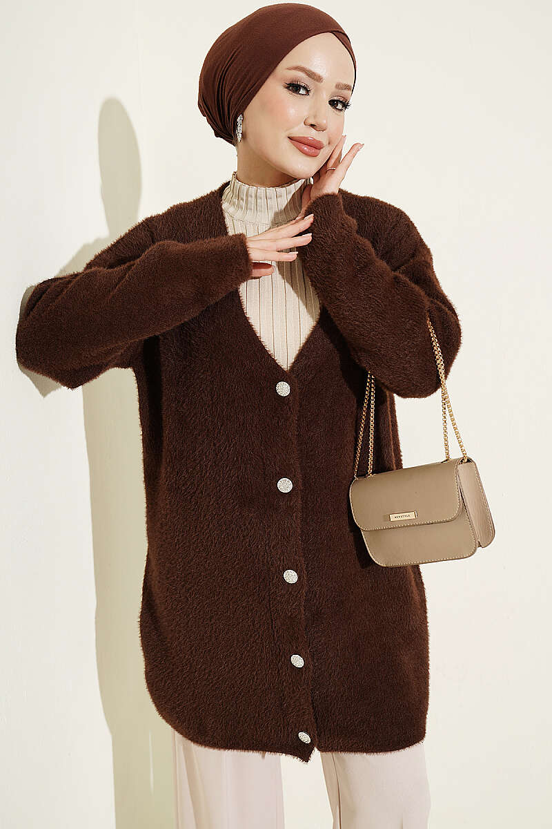 V-Neck Bearded Button-Up Long Cardigan Coffee Brown
