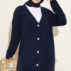 V-Neck Bearded Button-Up Long Cardigan Navy Blue