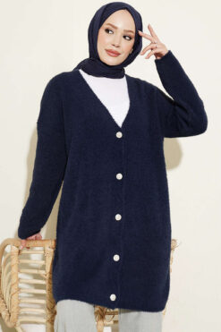 V-Neck Bearded Button-Up Long Cardigan Navy Blue
