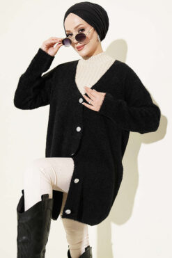 V-Neck Bearded Button-Up Long Cardigan Black