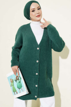 V-Neck Bearded Button-Up Long Cardigan Green