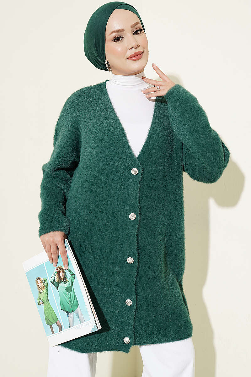 V-Neck Bearded Button-Up Long Cardigan Green