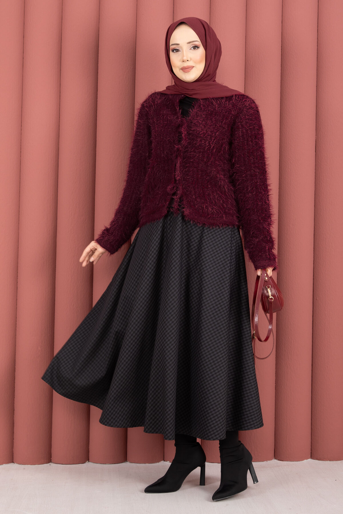 Vera Plush Cardigan with Front Tie Burgundy - immagine 2