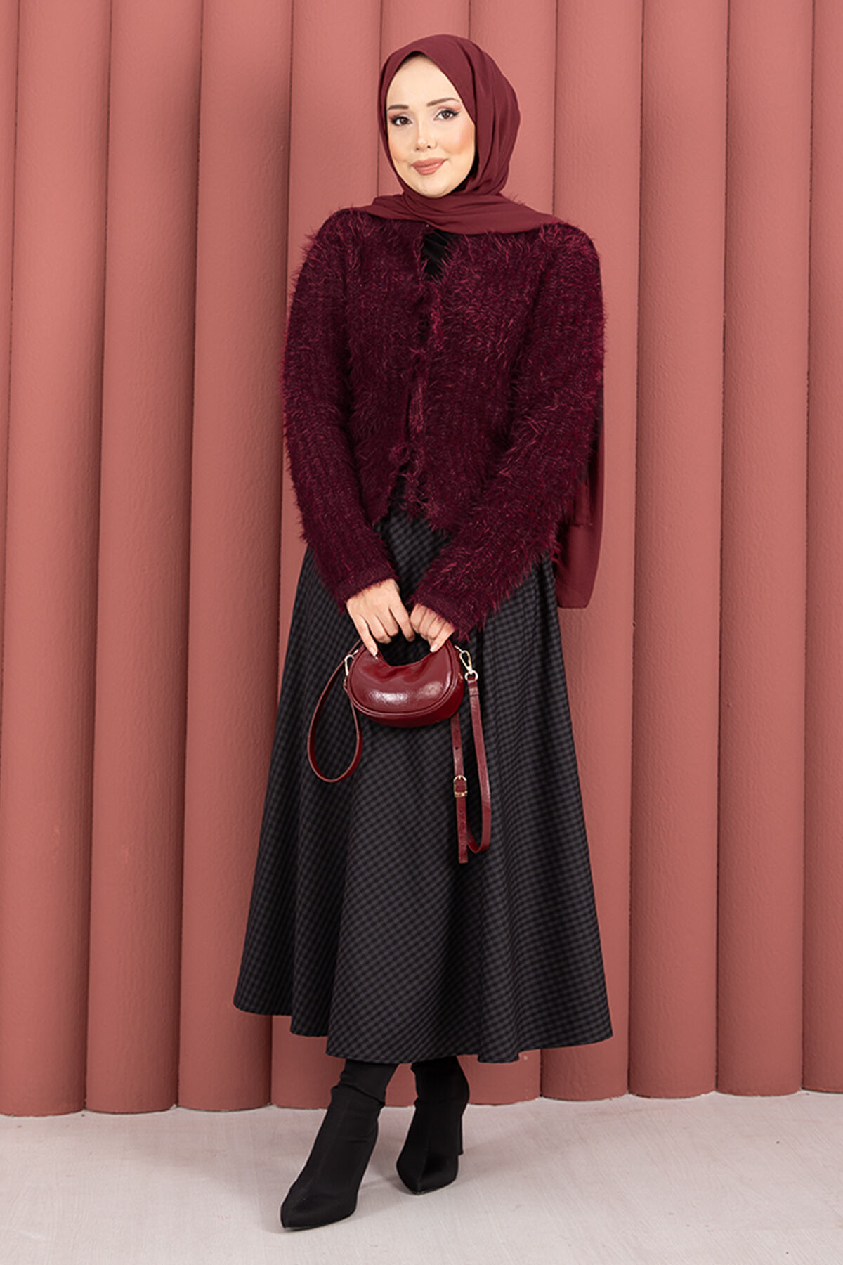 Vera Plush Cardigan with Front Tie Burgundy - immagine 4