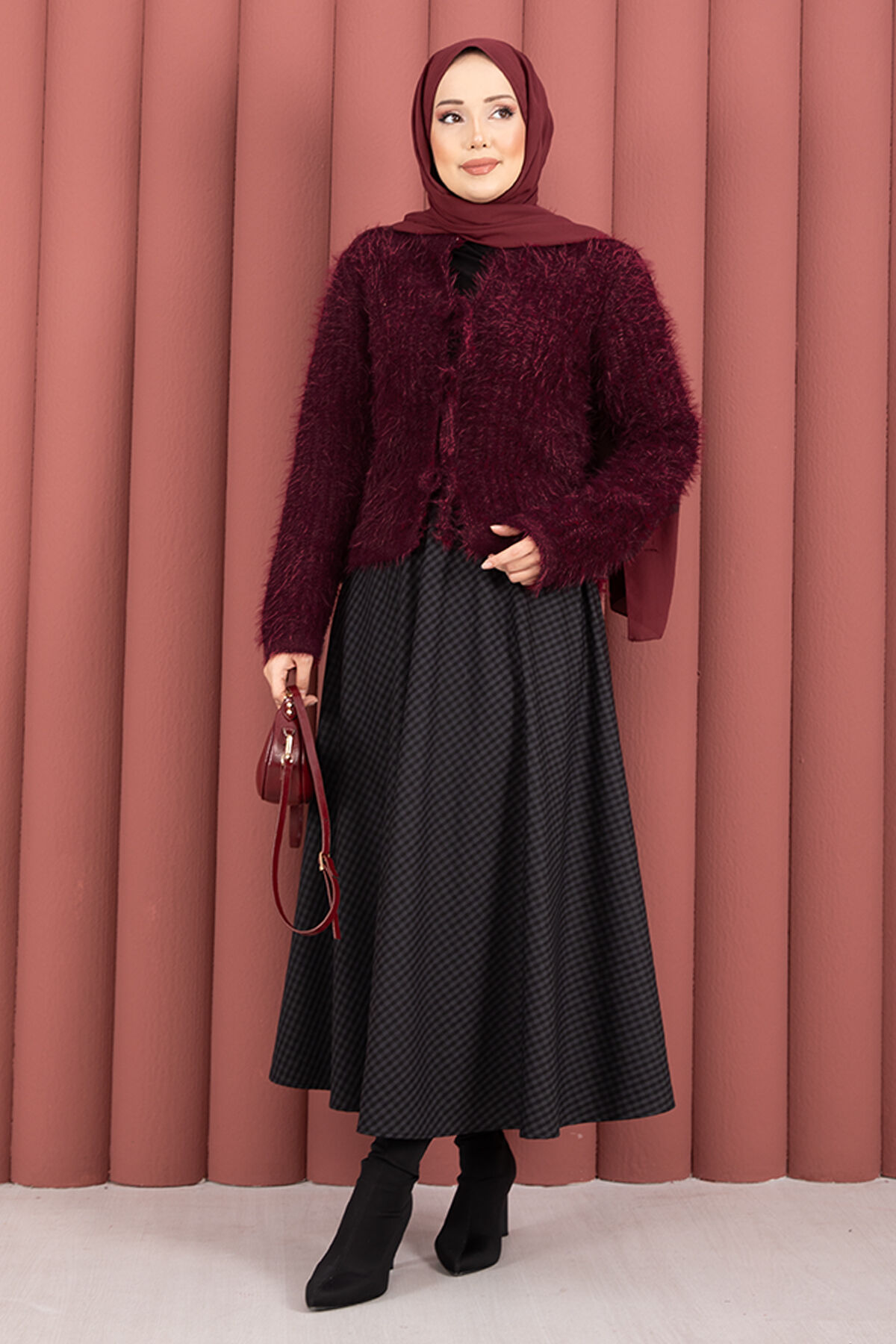 Vera Plush Cardigan with Front Tie Burgundy - immagine 5