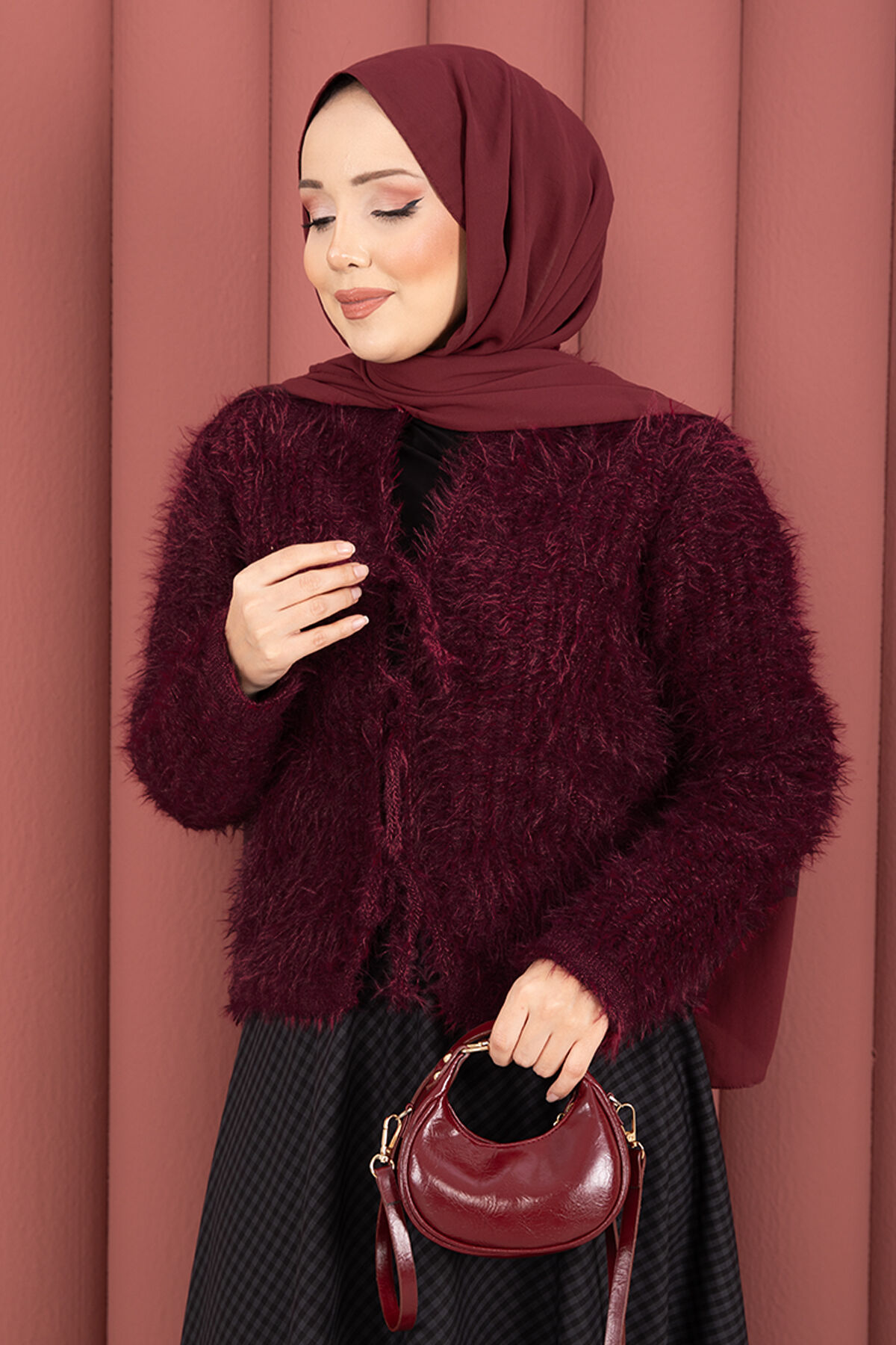 Vera Plush Cardigan with Front Tie Burgundy - immagine 3