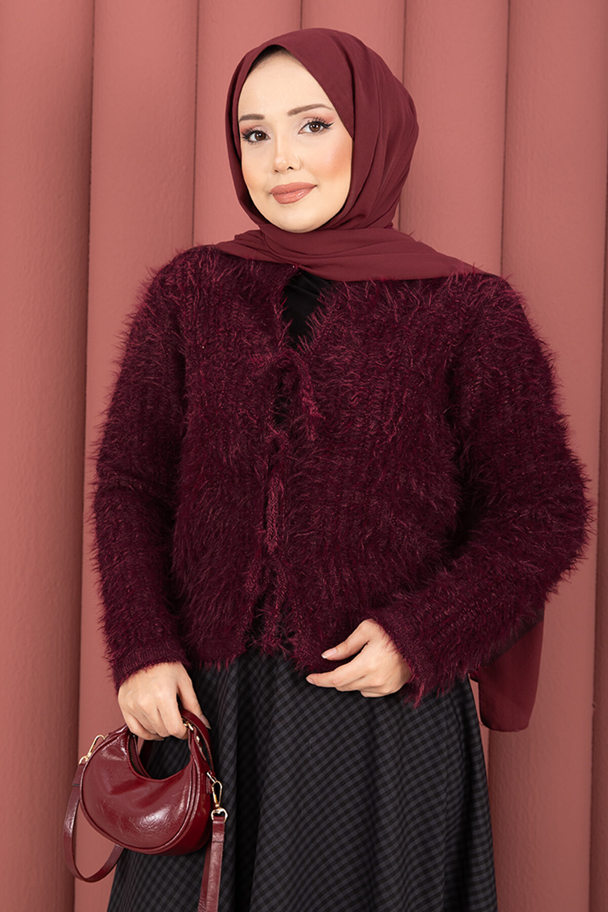 Vera Plush Cardigan with Front Tie Burgundy