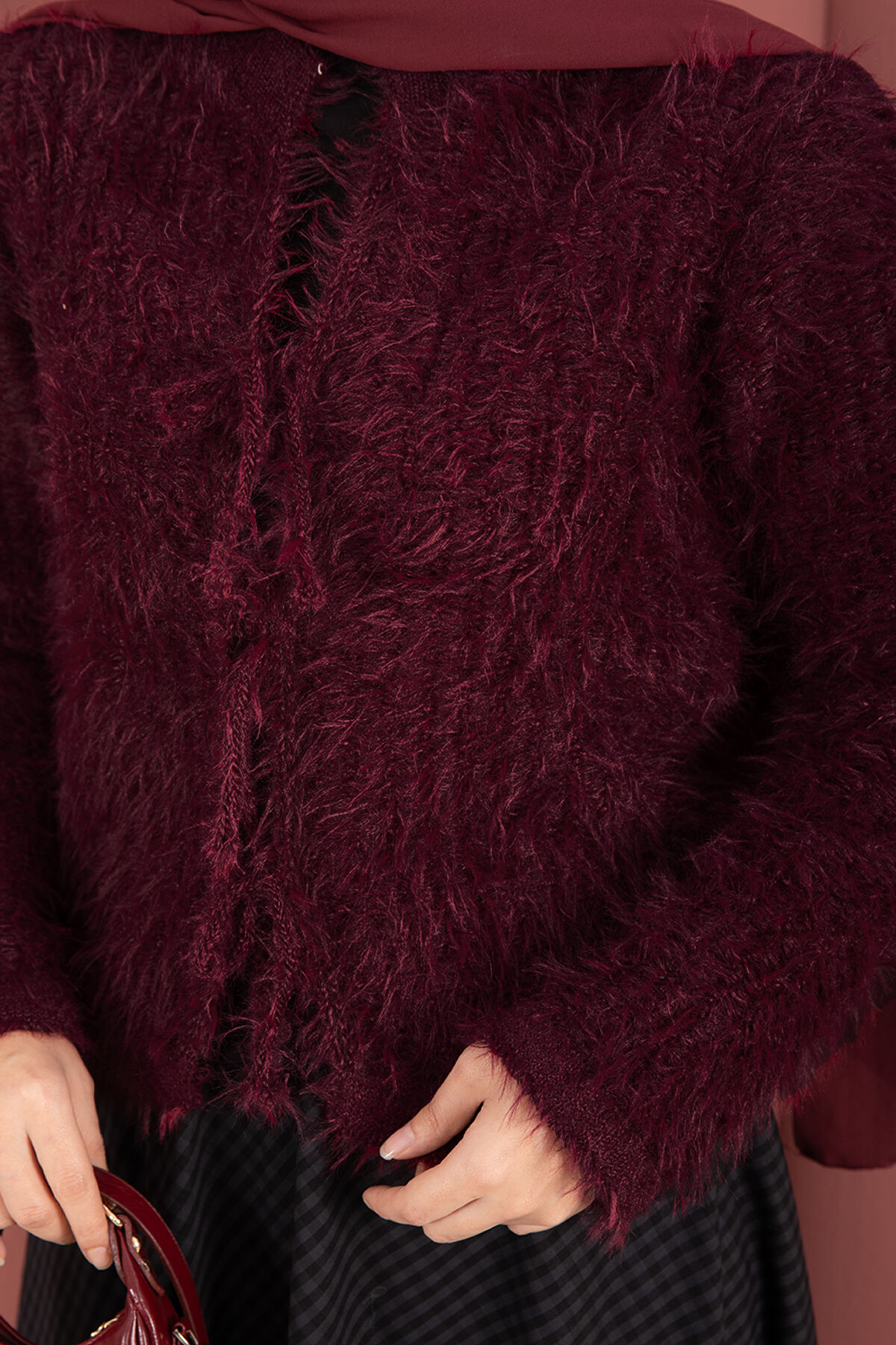 Vera Plush Cardigan with Front Tie Burgundy - immagine 6
