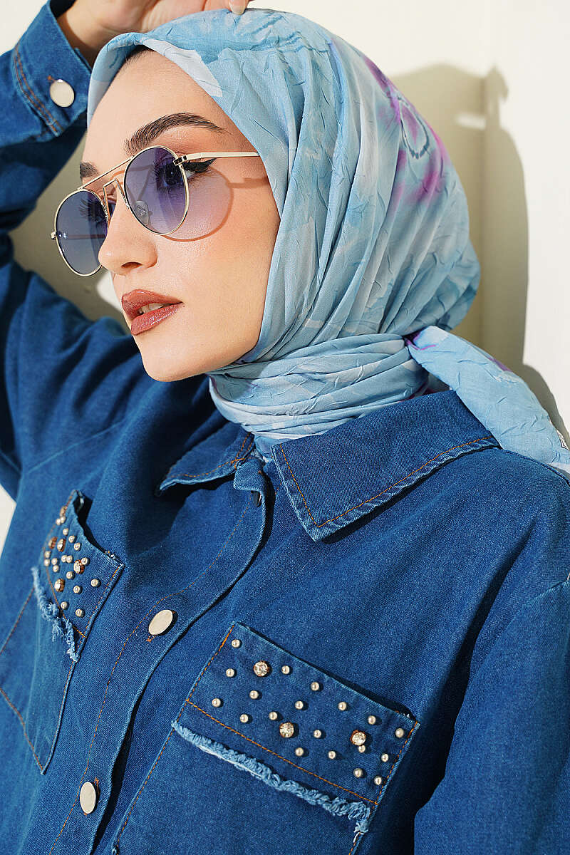 Verona Patterned Bamboo Crinkle Scarf Blue - الصورة 5