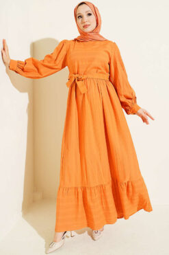 Ruffled Self-Patterned Dress Orange