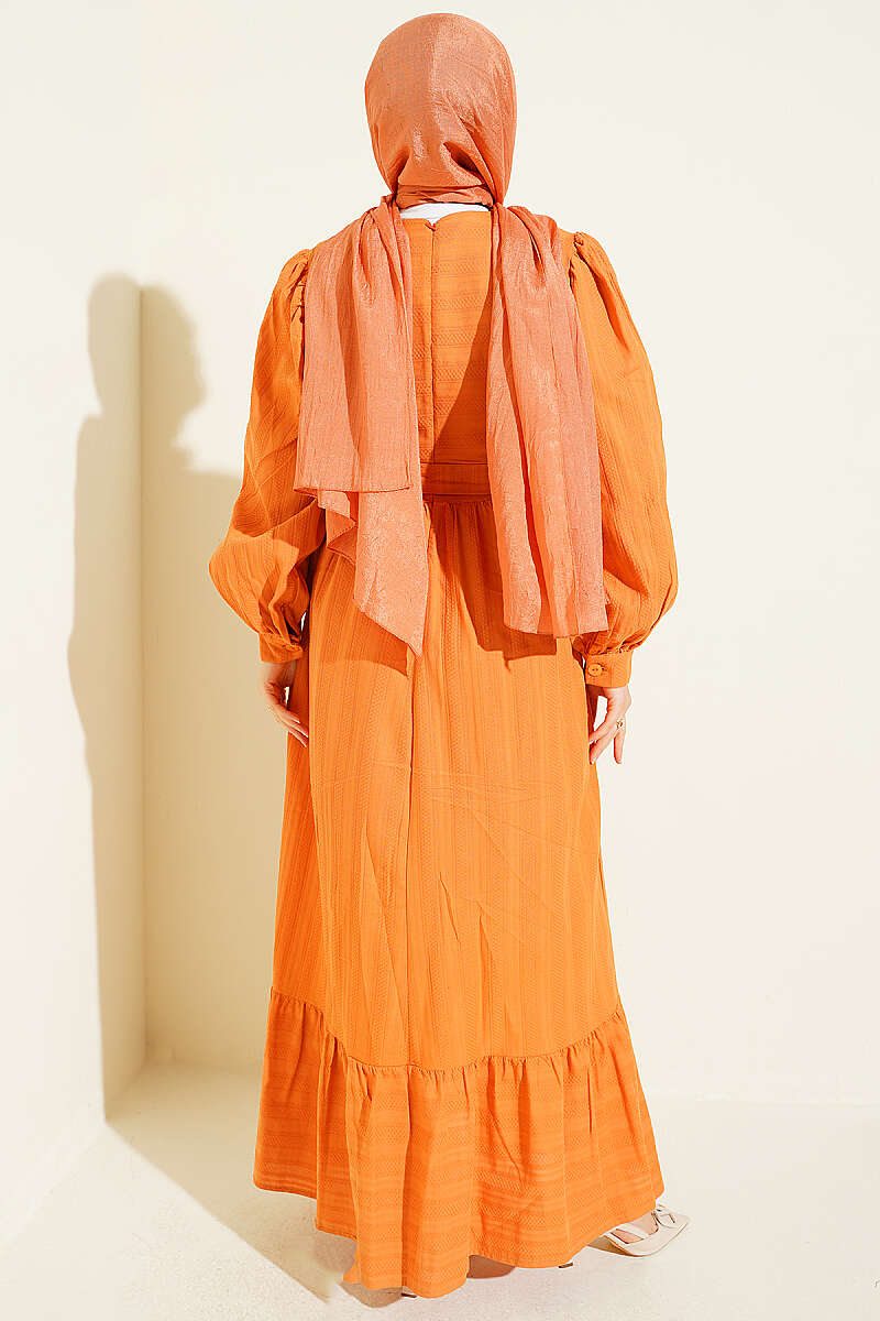 Ruffled Self-Patterned Dress Orange - Image 3