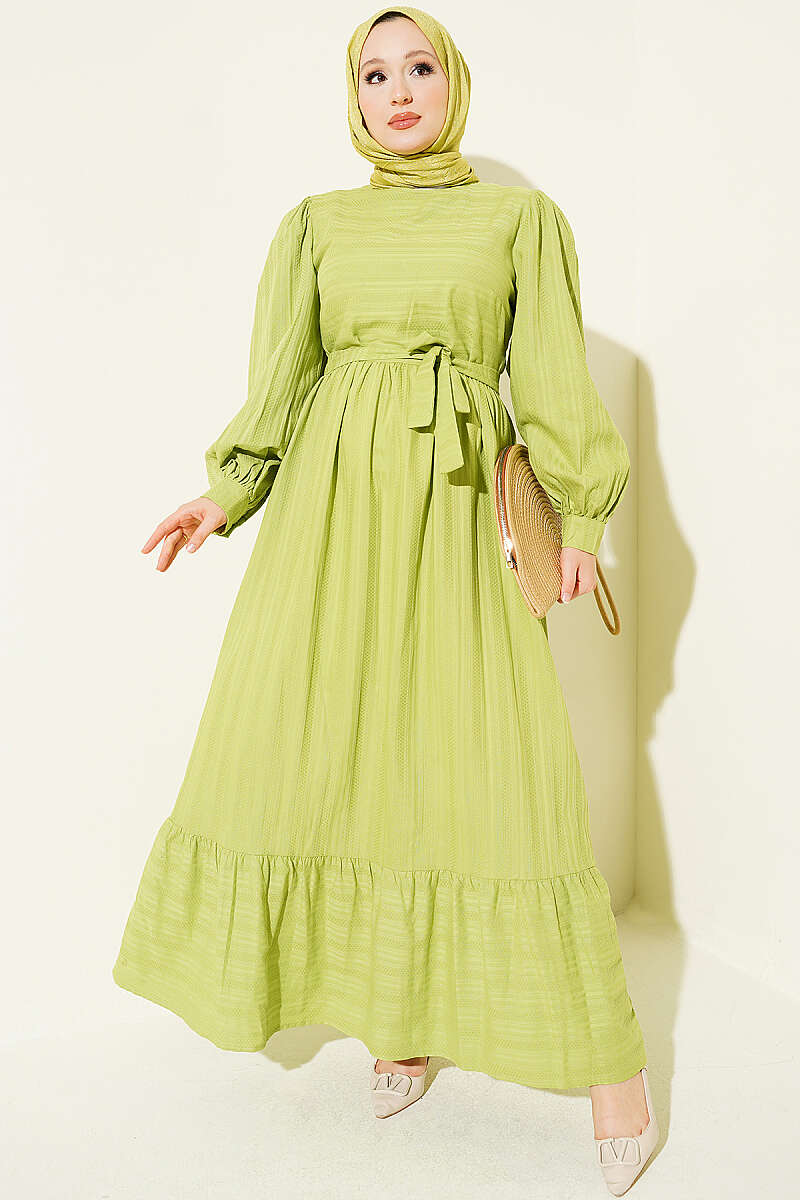 Ruffled Self-Patterned Dress Green