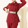 Collared Two-Piece Set with Tie Detail Burgundy - immagine 2