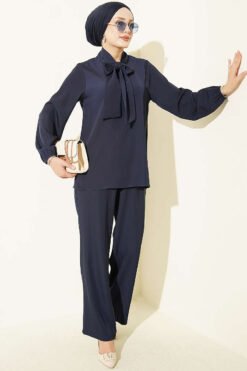Collared Two-Piece Set with Tie Detail Navy Blue