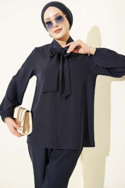 Alternative view of Collared Two-Piece Set with Tie Detail Navy Blue