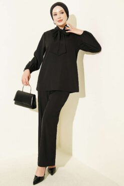 Collared Two-Piece Set with Tie Detail Black