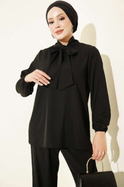 Alternative view of Collared Two-Piece Set with Tie Detail Black