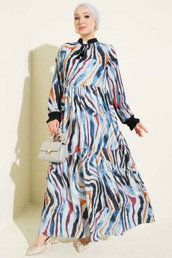 Tie-Neck Ruffled Ankle-Length Dress Blue