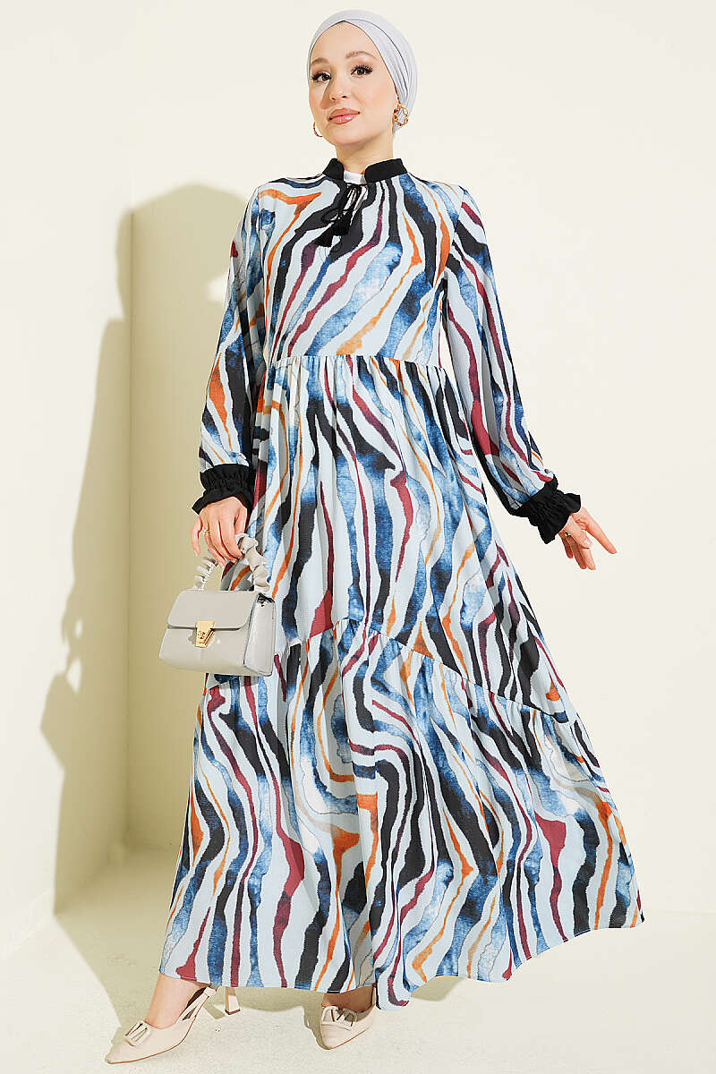 Tie-Neck Ruffled Ankle-Length Dress Blue