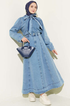 Shawl Tie Waist Skirt Denim Set Denim Blue