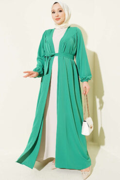 Ruching Neck Two-Piece Abaya Set Green