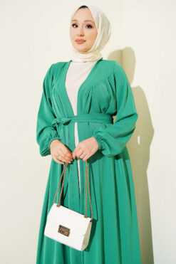 Alternative view of Ruching Neck Two-Piece Abaya Set Green