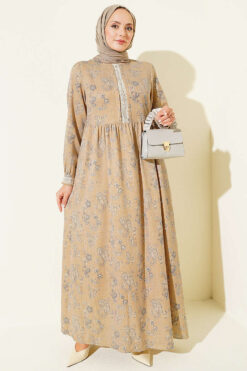 Lace Trimmed Neckline Dress Mustard