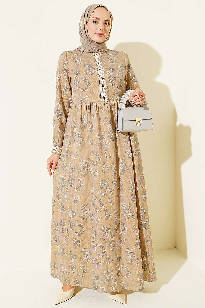 Lace Trimmed Neckline Dress Mustard
