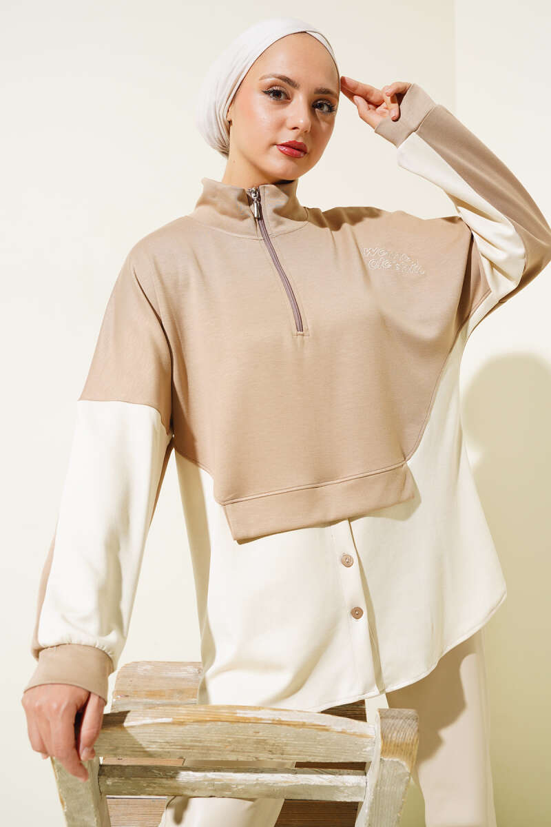 Collared Button-Detail French Terry Tunic Latte
