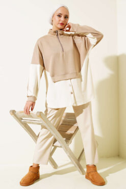 Alternative view of Collared Button-Detail French Terry Tunic Latte