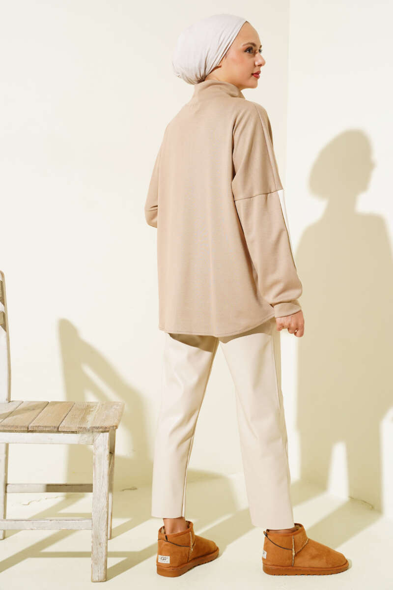 Collared Button-Detail French Terry Tunic Latte - Image 3