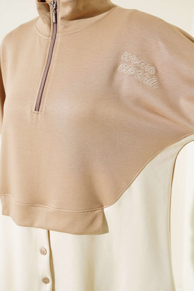 Collared Button-Detail French Terry Tunic Latte - Image 4