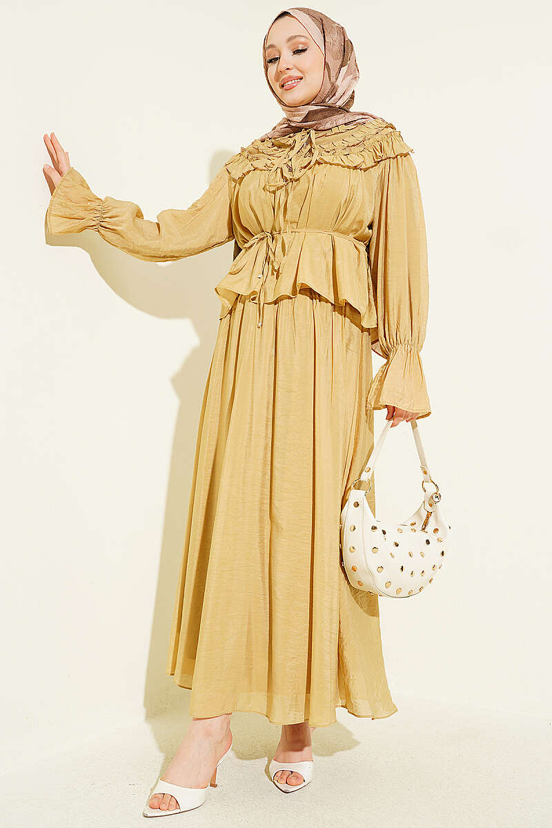 Ruffled Collar Peplum Skirt Two-Piece Set Oil Green