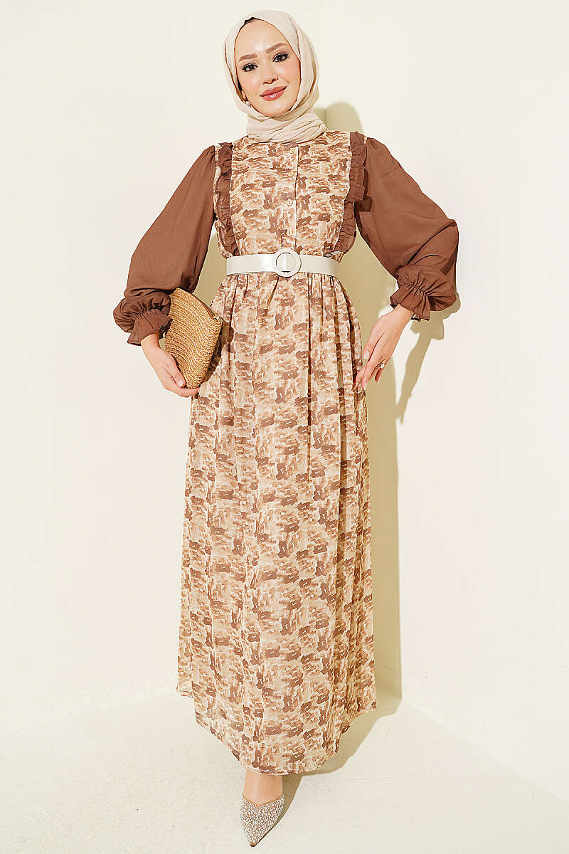 Ruffled Neck Printed Chiffon Dress Brown