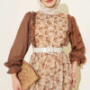 Ruffled Neck Printed Chiffon Dress Brown - Image 2