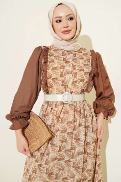 Alternative view of Ruffled Neck Printed Chiffon Dress Brown