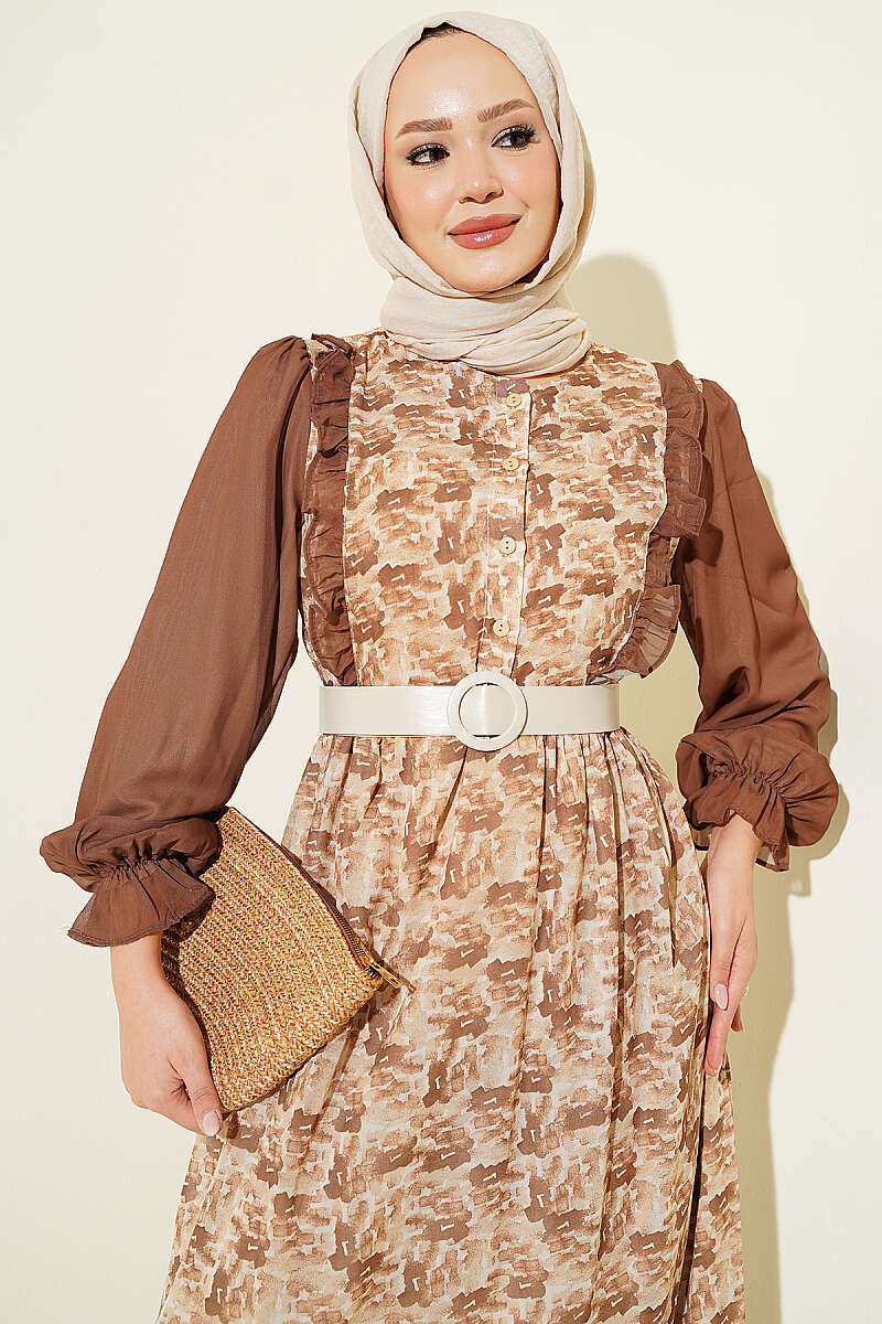Ruffled Neck Printed Chiffon Dress Brown - Image 2