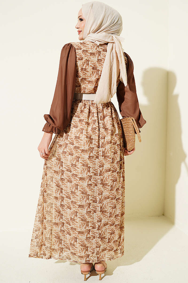 Ruffled Neck Printed Chiffon Dress Brown - Image 3