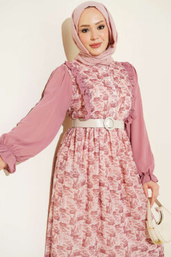 Alternative view of Ruffled Neck Printed Chiffon Dress Powder Pink