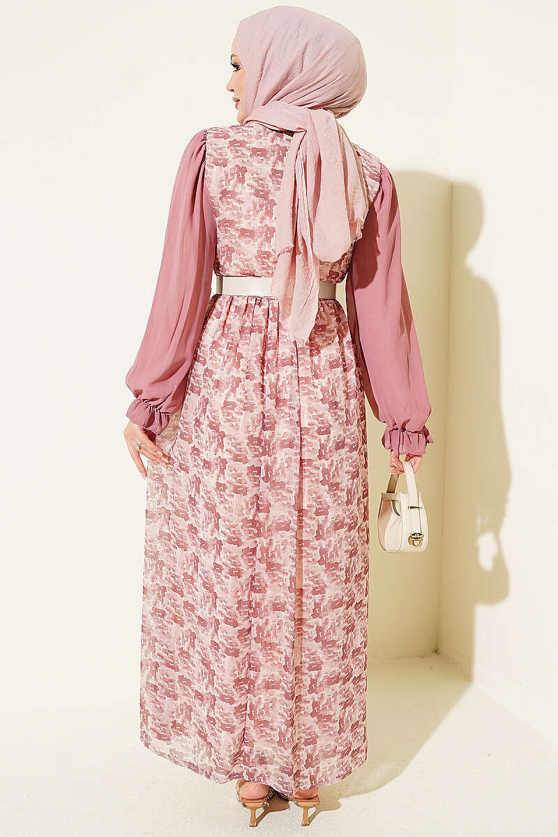 Ruffled Neck Printed Chiffon Dress Powder Pink - immagine 3